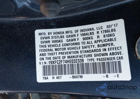 2017 Honda Civic Ex z USA, uszkodzony, nr VIN 19XFC2F74HE032339